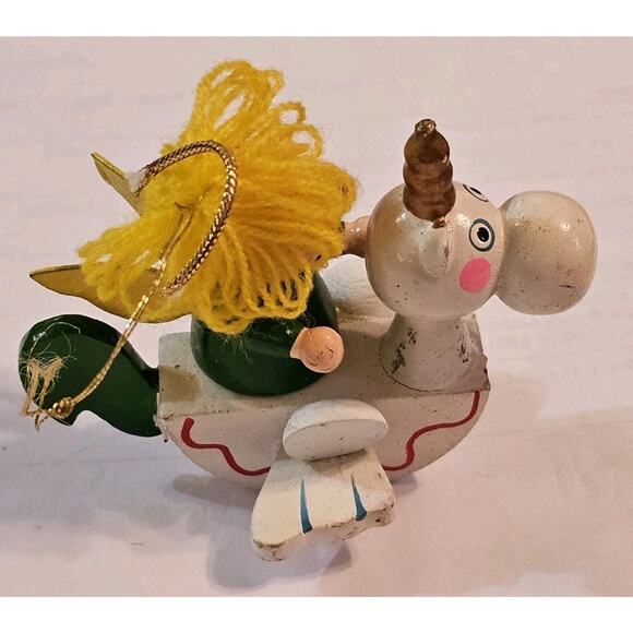 Flying Rocking Unicorn With Passenger Angel Wooden Vintage Tree Ornament - Picture 3 of 5